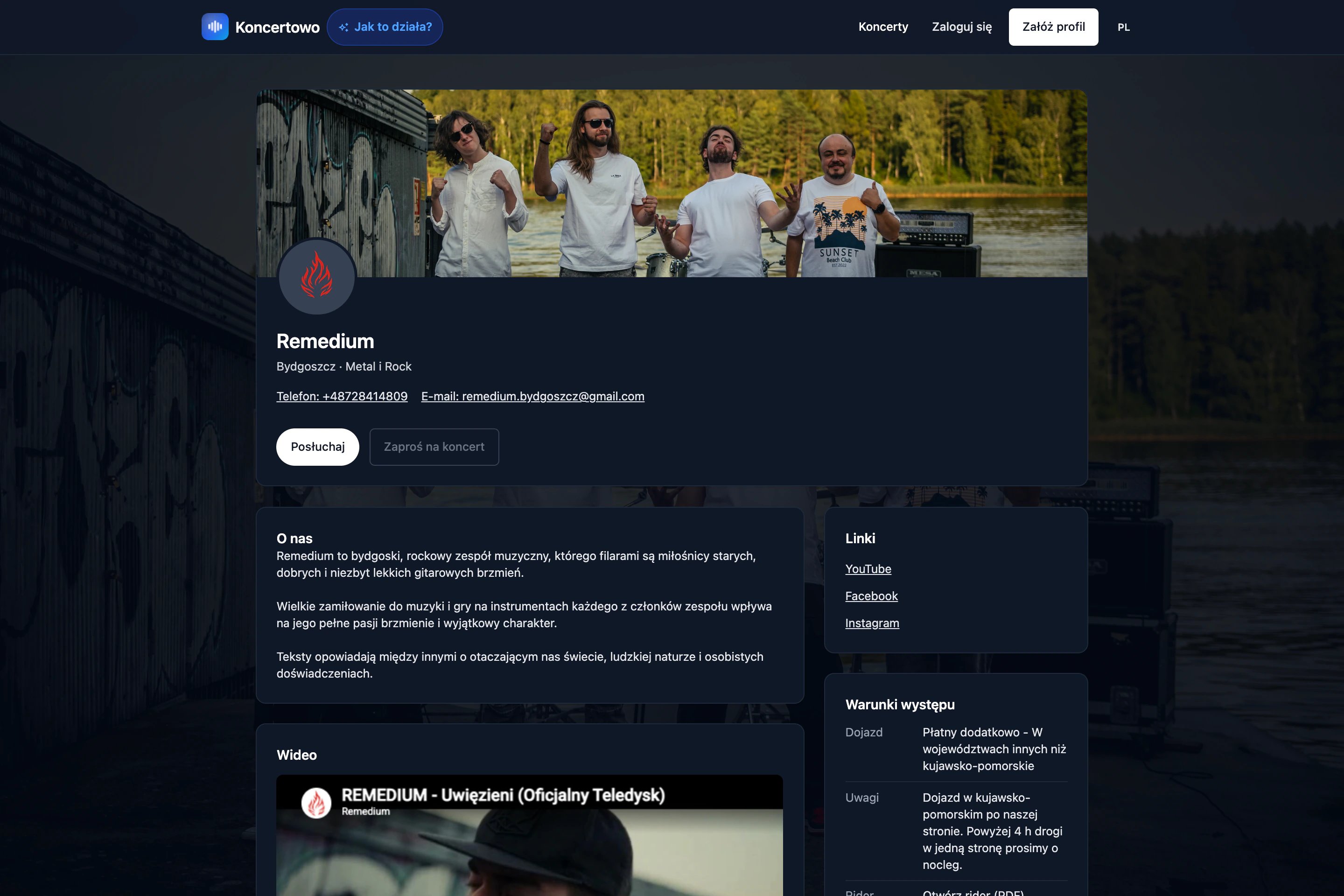 Przykładowa publiczna wizytówka zespołu z opisem, muzyką i linkami